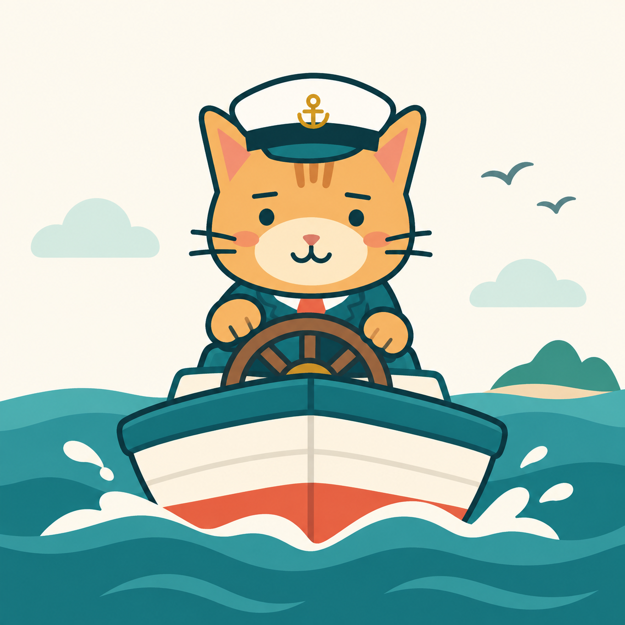 Orange cat captain steering a boat across teal waves